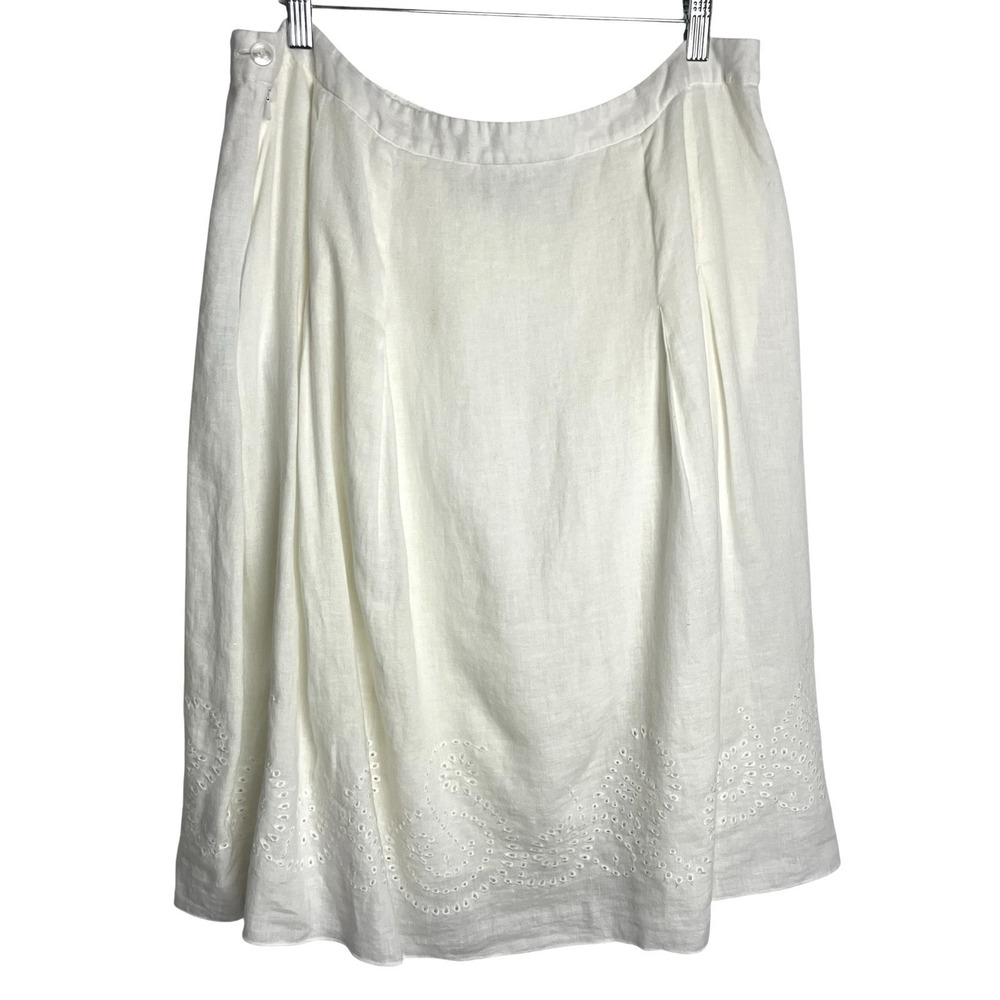 Jones New York Womens 100% Linen Eyelet Skirt Sz 16 White Pleated Lined Zip Boho